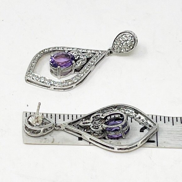 925 Sterling Silver Amethyst & Cubic Zirconia Drop Statement Pierced Earrings - Picture 6 of 8